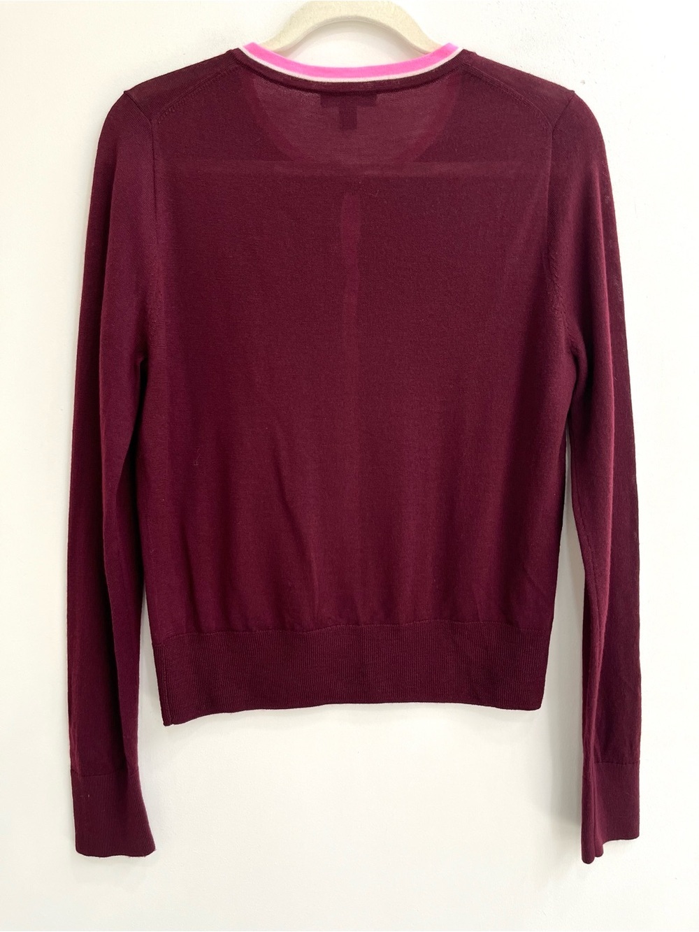 J. Crew Tipped Jackie Wool Cardigan Sweater Burgundy/Pink Large E8551 - Picture 2 of 7